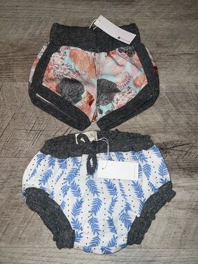 NEW Miki Miette Gray-Trim Shell Print Shorts & Blue Leaf Print Bloomers Set